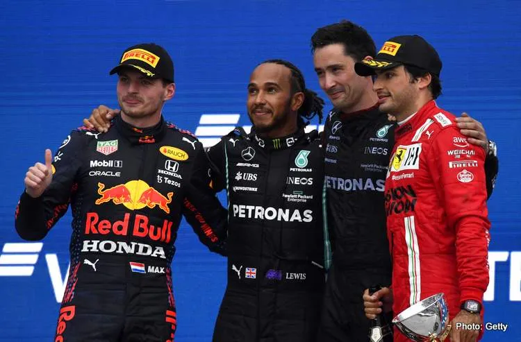 sochi podium hamilton verstappen sainz 2021 russian grand prix top three
