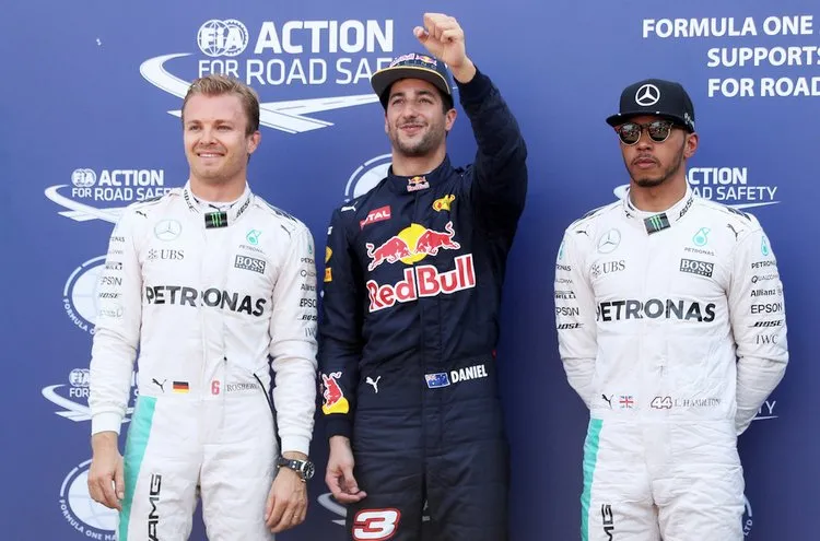 top three qualifiers daniel ricciardo of australia and red bull racing nico rosberg of germany and mercedes gp and lewis hamilton