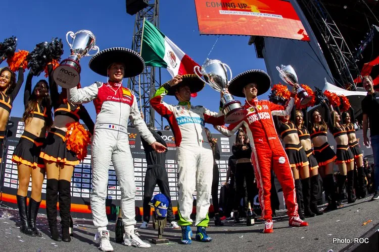 winner benito guerra mex celebrates with runner up loic duval fra and roc skills challenge winner sebastian vettel ger on the podium during the race of champions on sunday 20 janua
