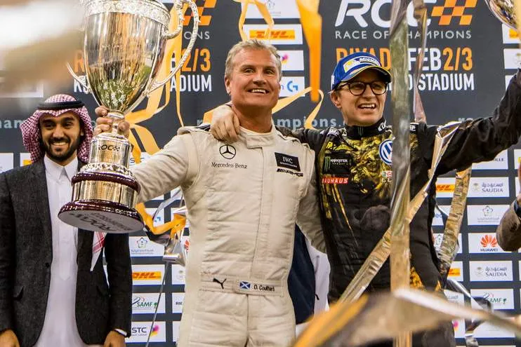 winner david coulthard gbr and runner up petter solberg nor celebrate on the podium during the race of champions on saturday 3 february 2018 at king fahad stadium riyadh saudi arabia 596