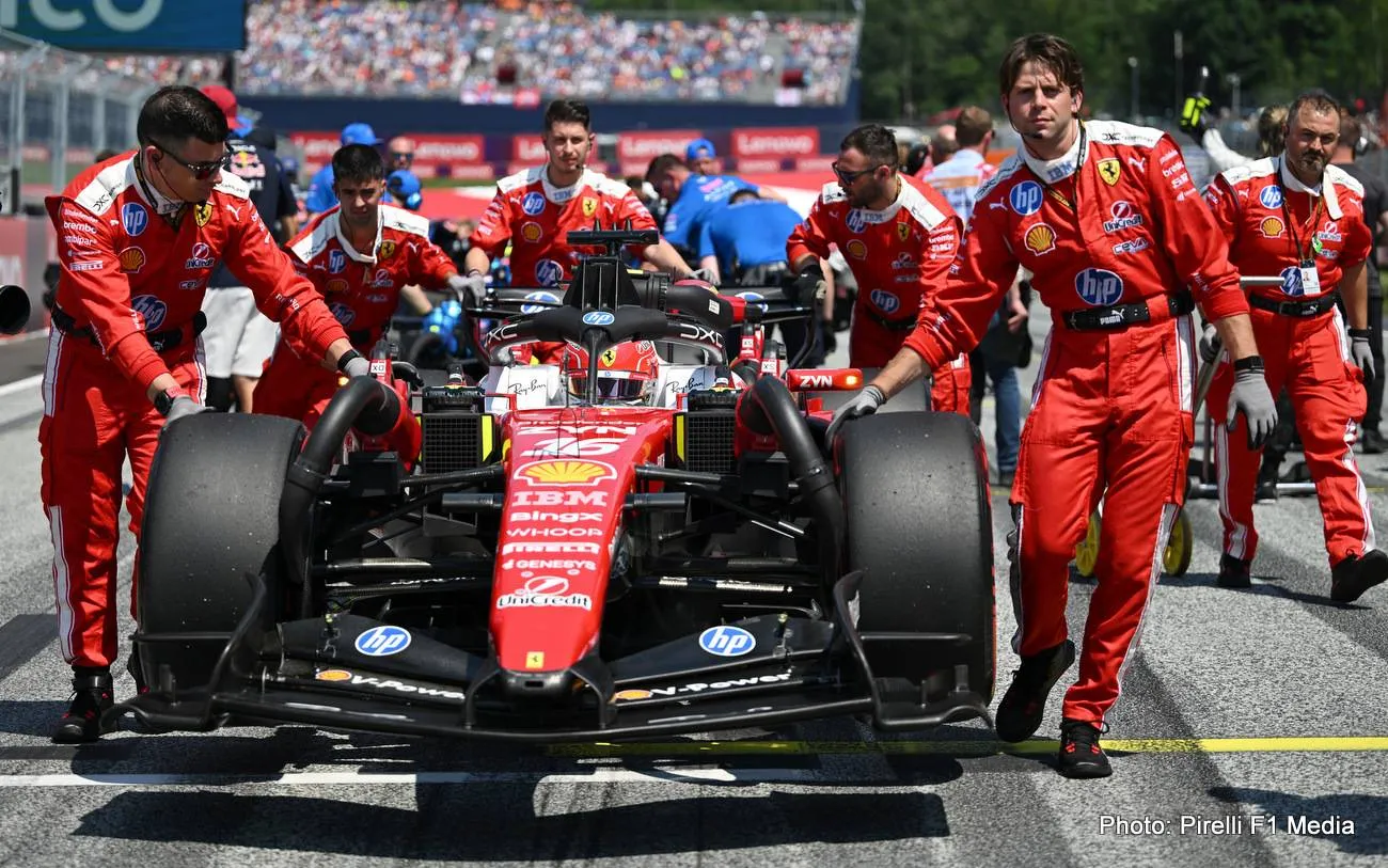 SPIELBERG, AUSTRIA - JUNE 28: Charles Leclerc of Monaco driving the (16) Scuderia Ferrari SF-26 arrives on the grid during the F1 Grand Prix of Austria at Red Bull Ring on June 28, 2026 in Spielberg, Austria. (Photo by Sam Bagnall/Sutton Images)
