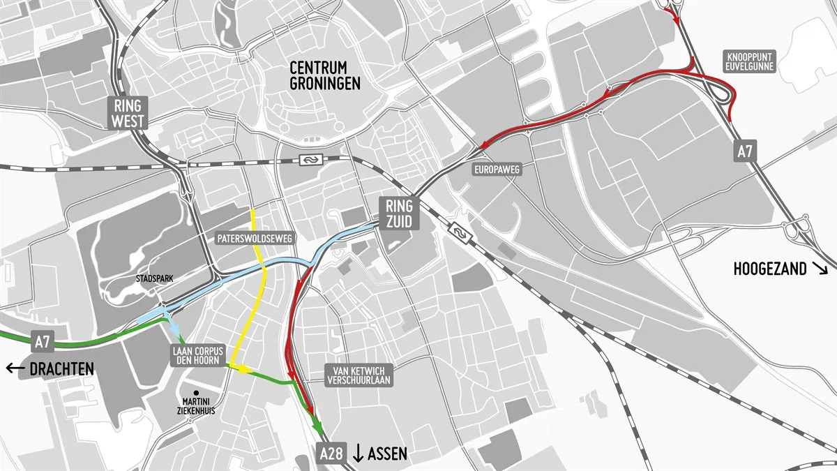 0317 omleidingen a28 afsluiting julianplein naar groningen zuid