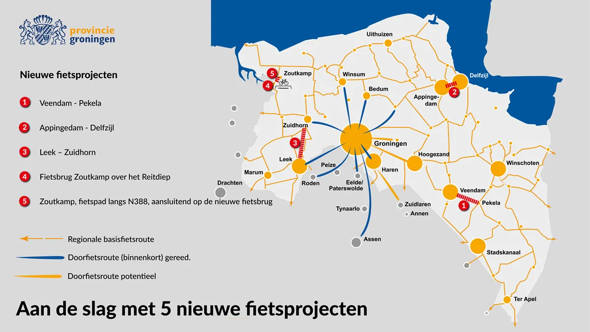 kaart fietsnetwerk groningen met de nieuwe fietsverbindingen en bestaande fietsroutes