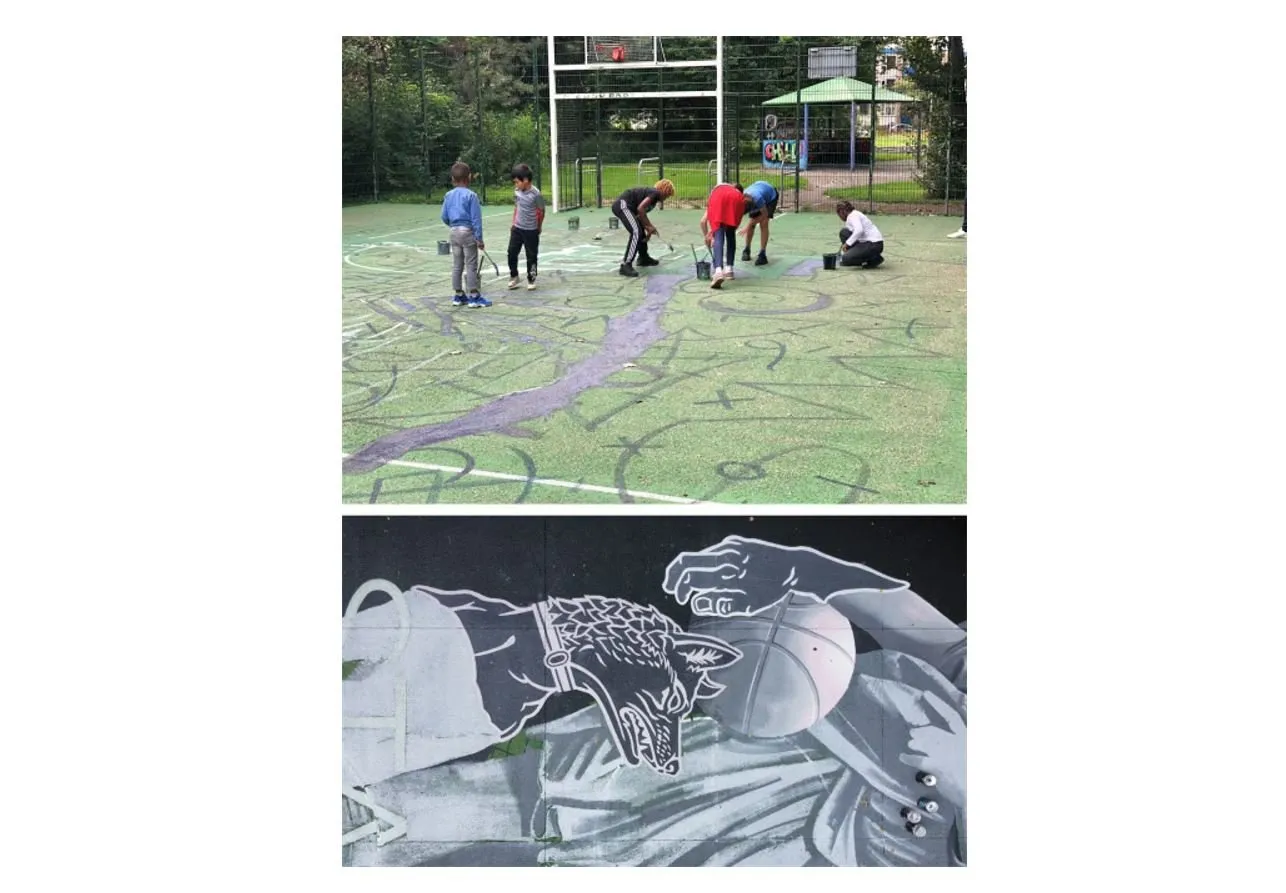 kinderen en jongeren in paddepoel beschilderen het basketbalveldje bij de grote beerstraat onder een detail van het resultaat