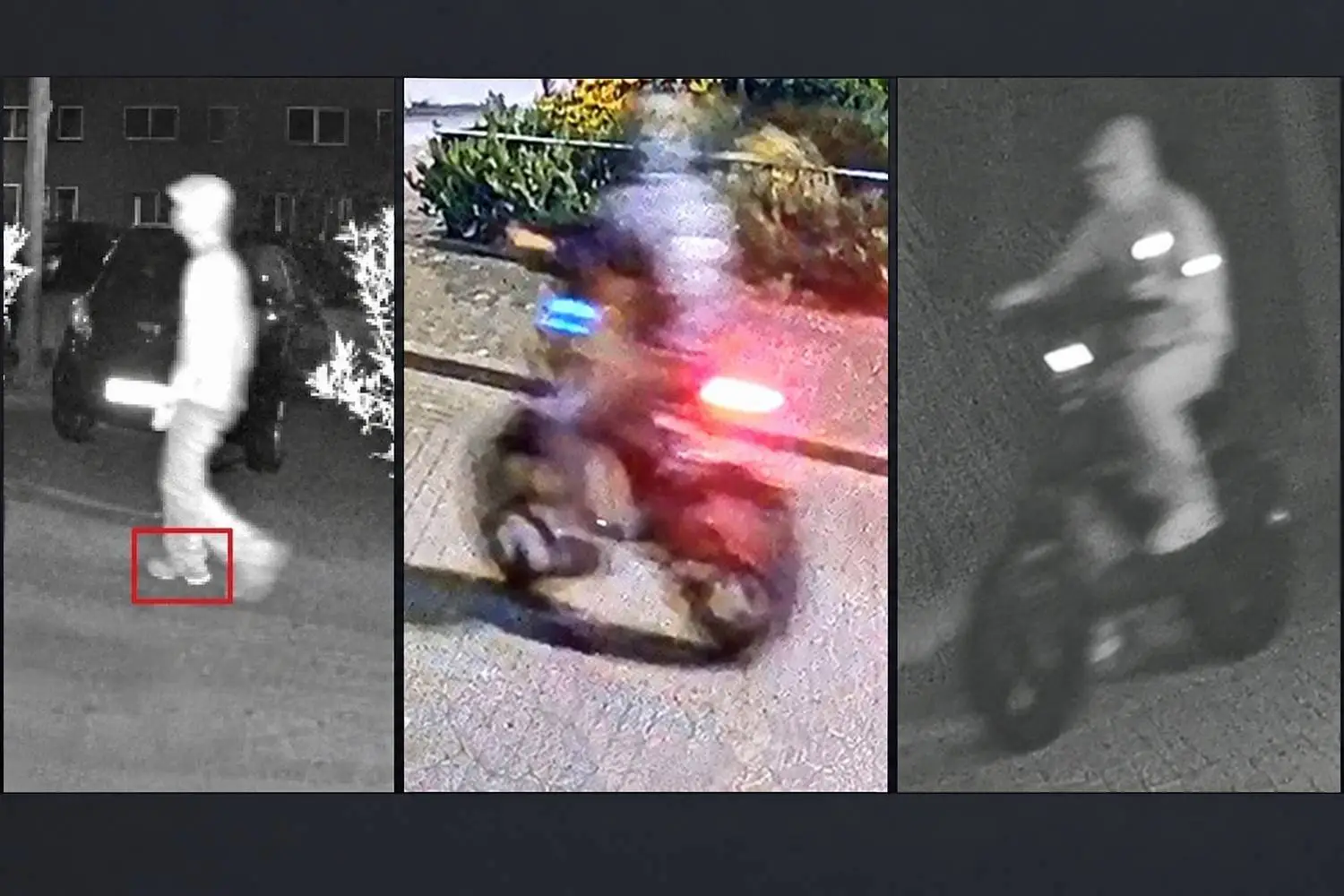 Driedelige collage van bewakingsbeelden