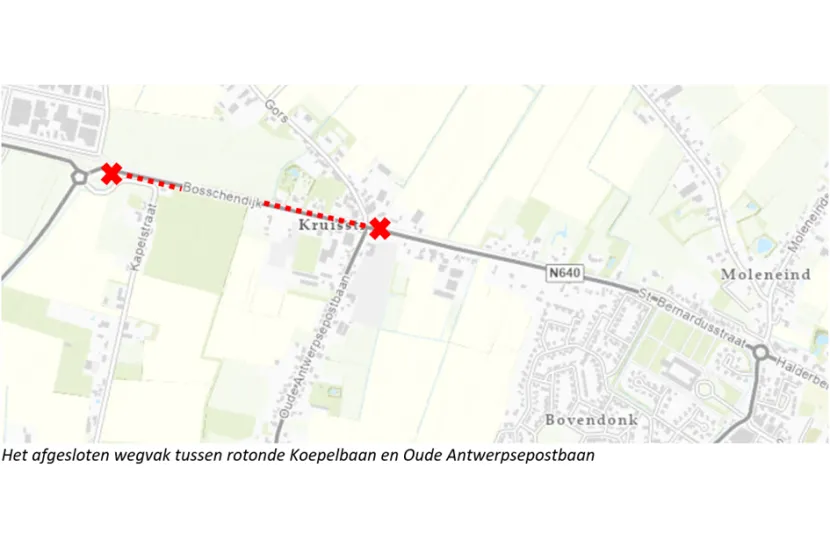 afgesloten wegvak tussen koepelbaan en oude antwerpsepostbaan