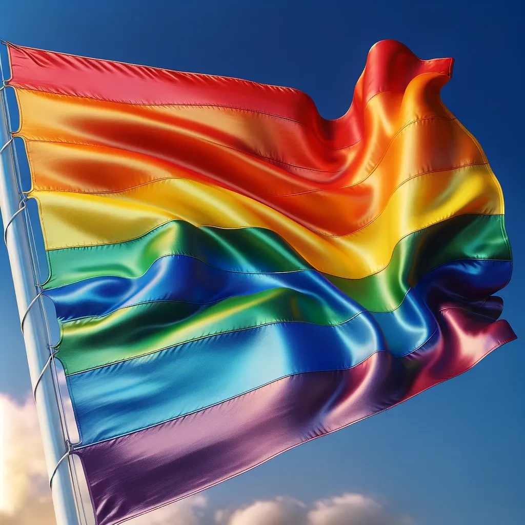 dalle 2023 11 23 133331 a vibrant and colorful rainbow flag with the stripes showing the typical red orange yellow green blue and purple hues the flag is unfurled and