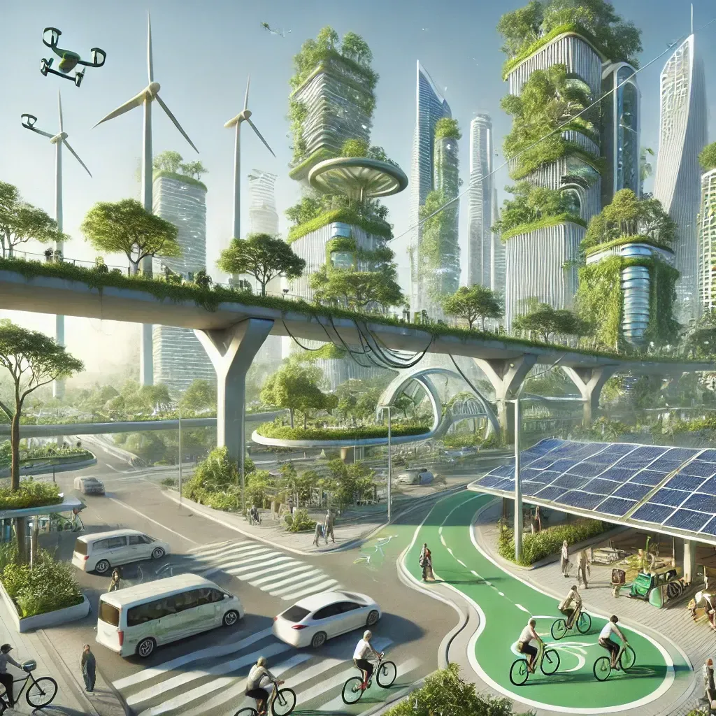 dalle 2024 08 29 160826 an illustration of an innovative idea for climate and sustainability the scene shows a futuristic urban area with green skyscrapers covered in vegeta