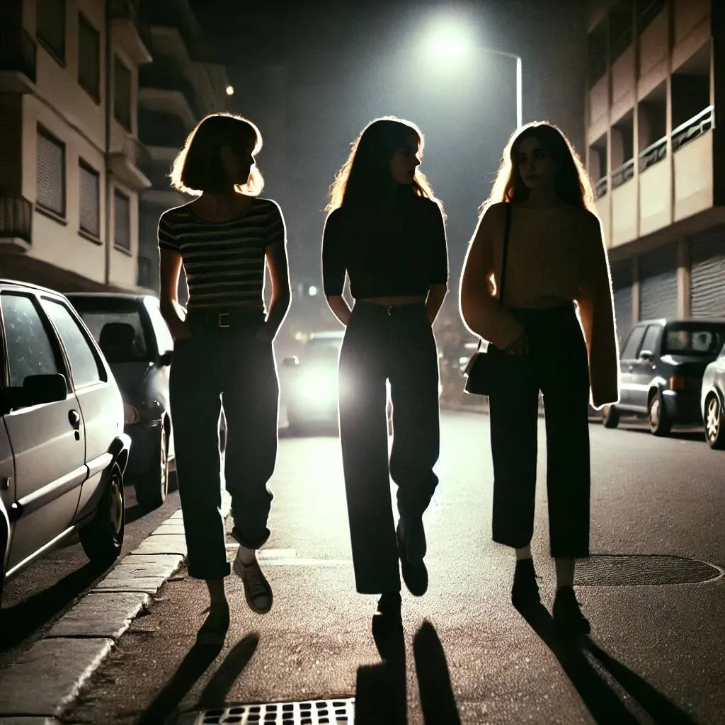 dalle 2025 03 25 200645 three women walking together on a dark street at night the scene is illuminated by soft streetlights casting long shadows the women are dressed in jpg