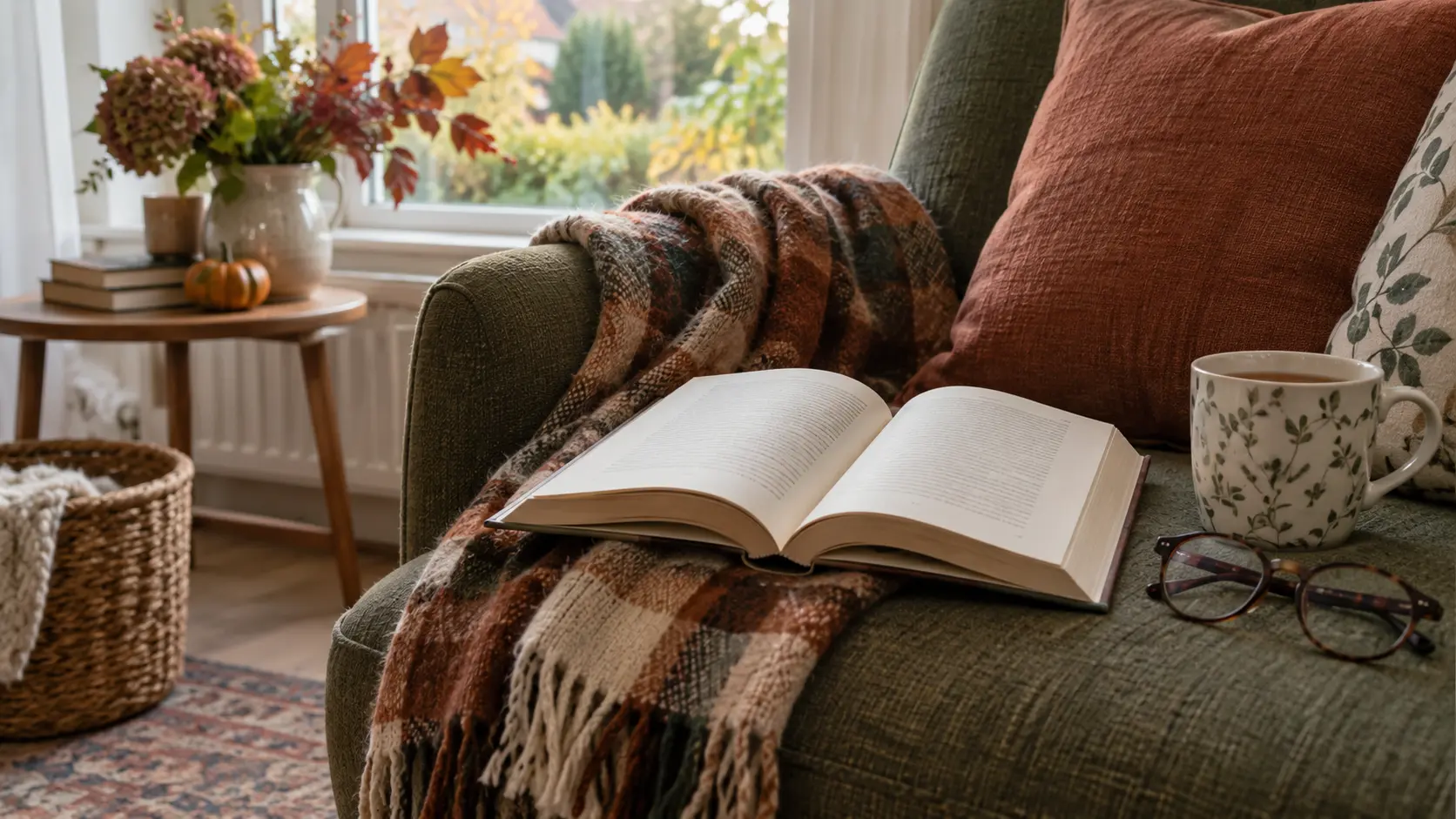 Herfstzondag met boek en thee
