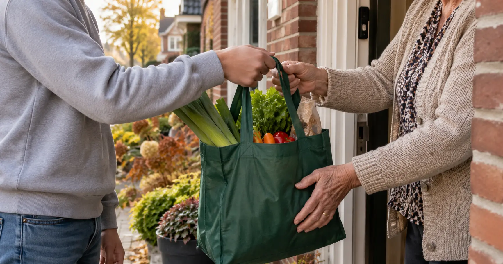 Jonge vrijwilliger geeft een tas boodschappen aan een oudere – AI-illustratie