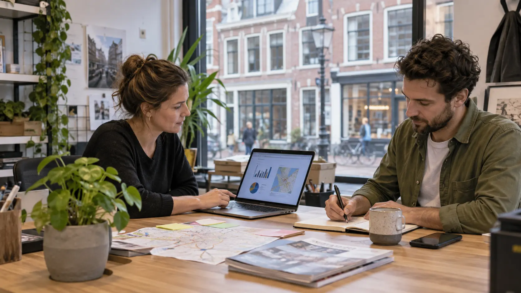 Twee ondernemers bespreken hun lokale marketing, AI-illustratie
