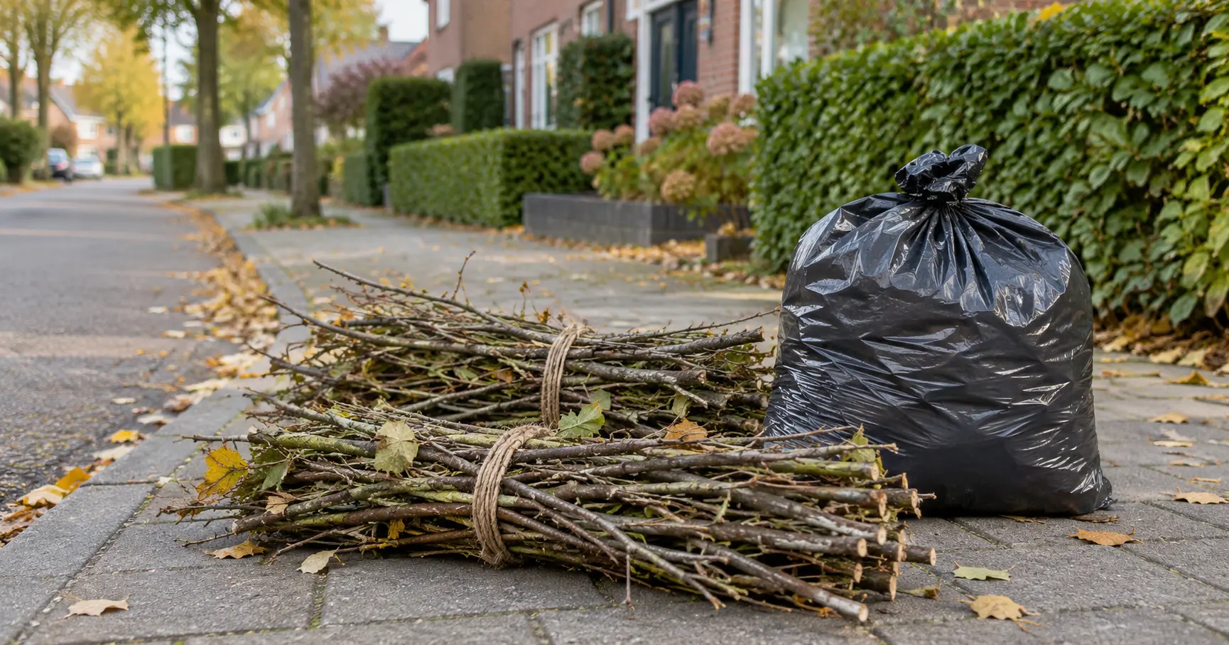 Gebundelde takken en zak met bladeren langs een woonstraat – AI-illustratie