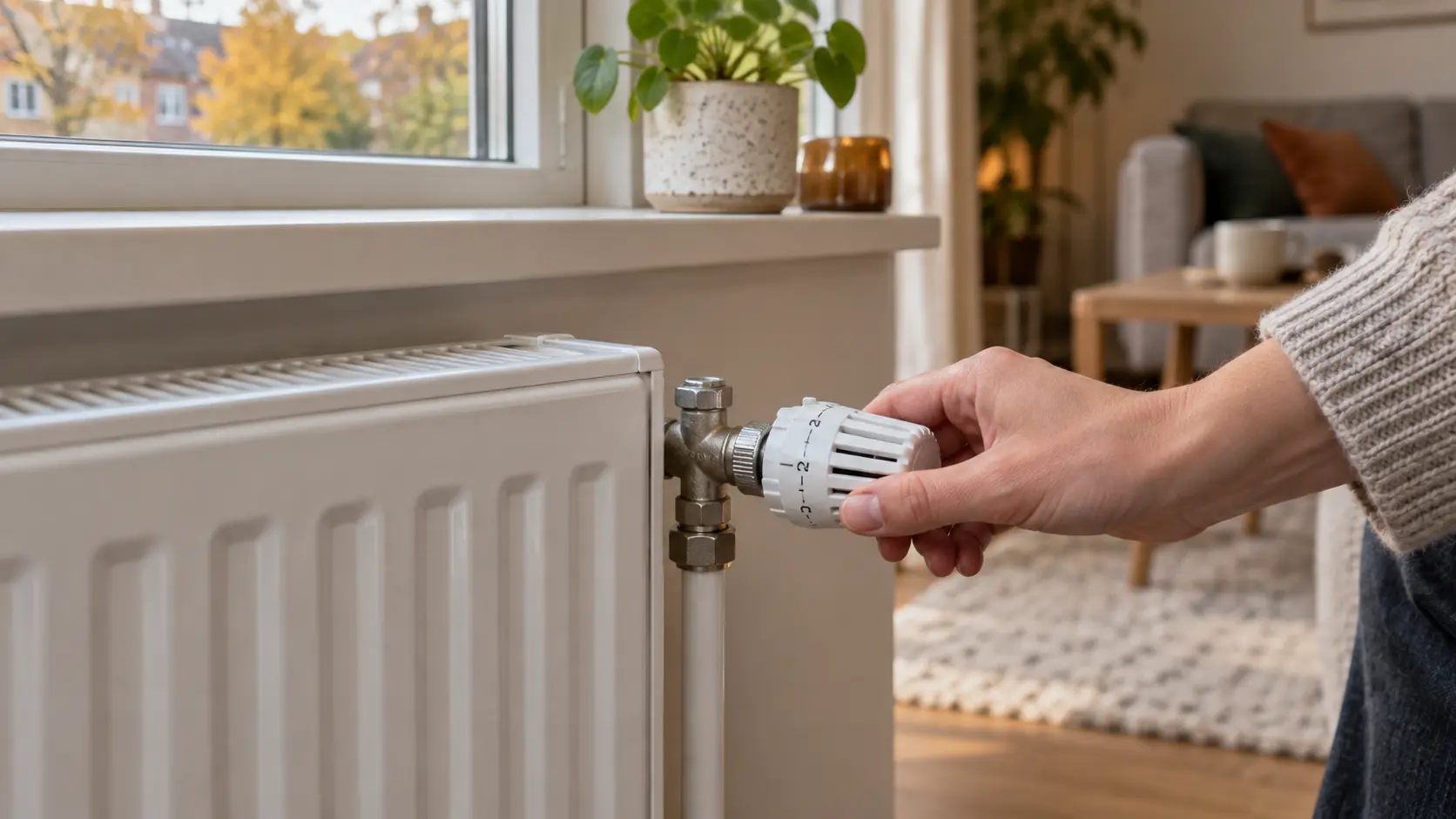 Hand controleert een thermostatische radiatorkraan, AI-illustratie