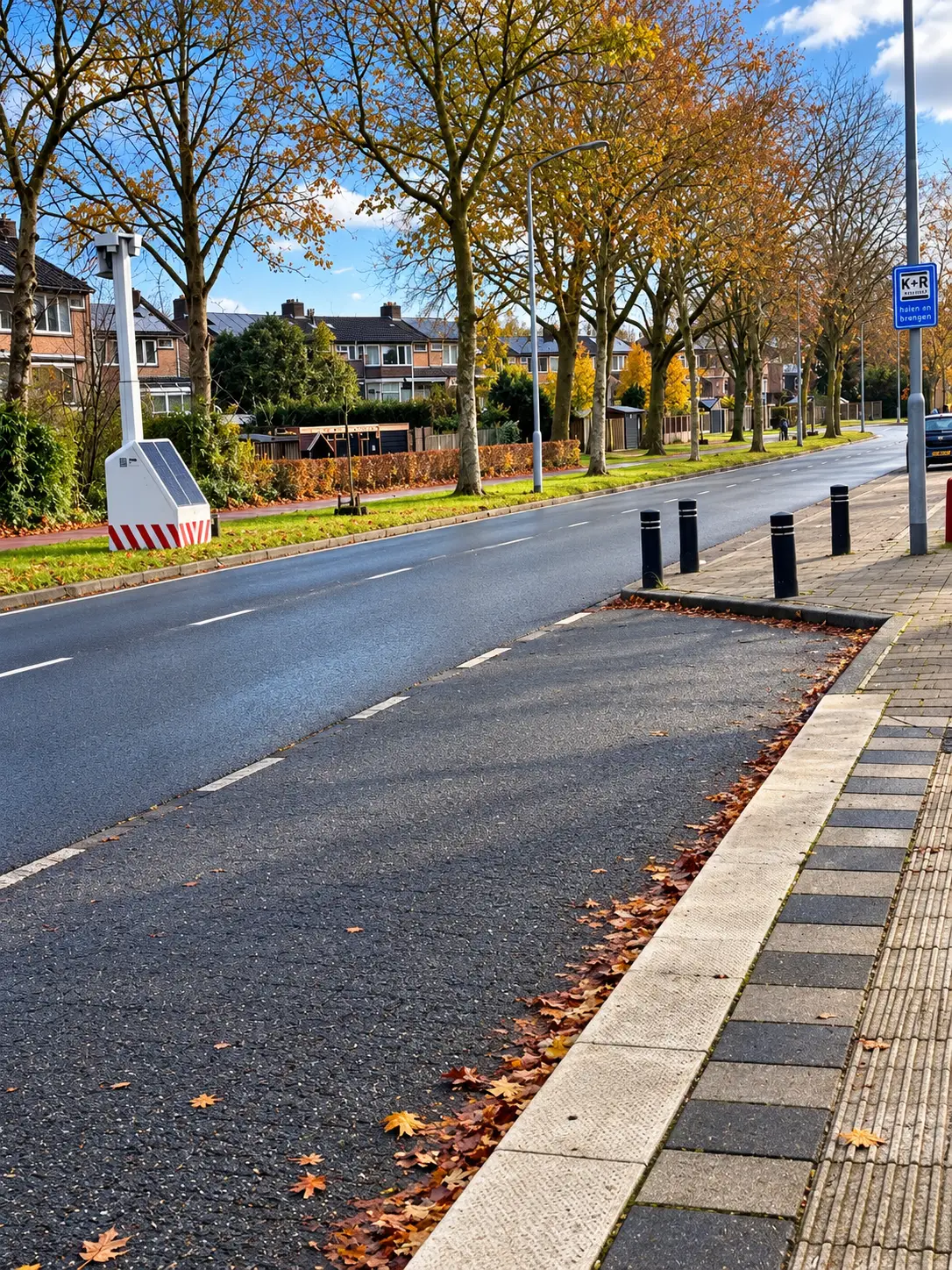 Herfstige Nederlandse woonstraat met K+R-bord (1)