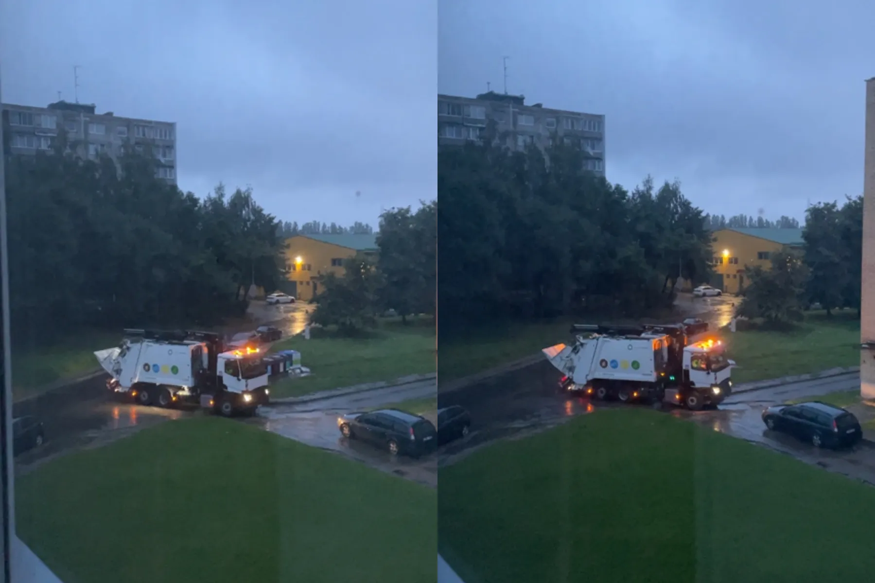 Ankstų savaitgalio rytą vežamos šiukšlės stop kadr nuotr