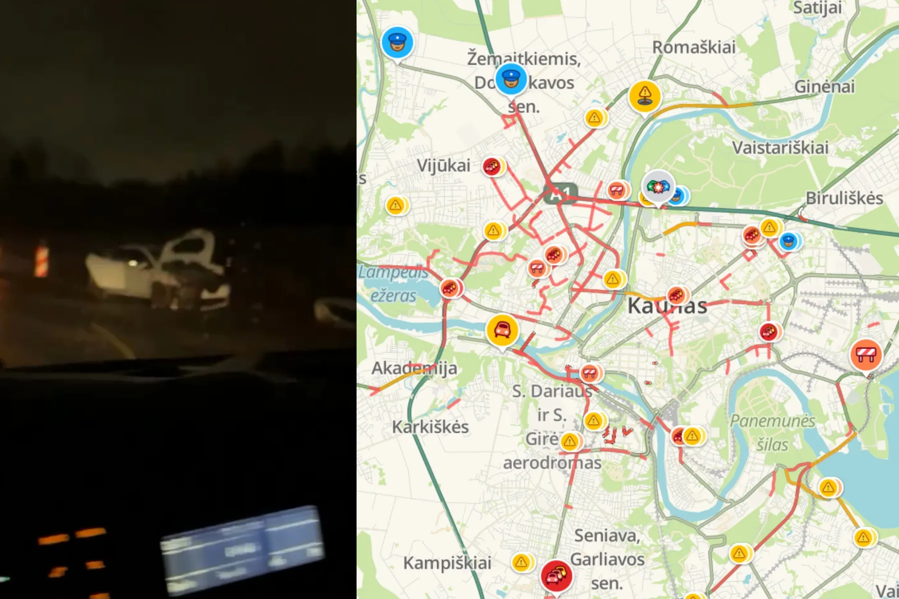 Avarija A1 kelyje / Stop kadro ir „Waze“ nuotr.