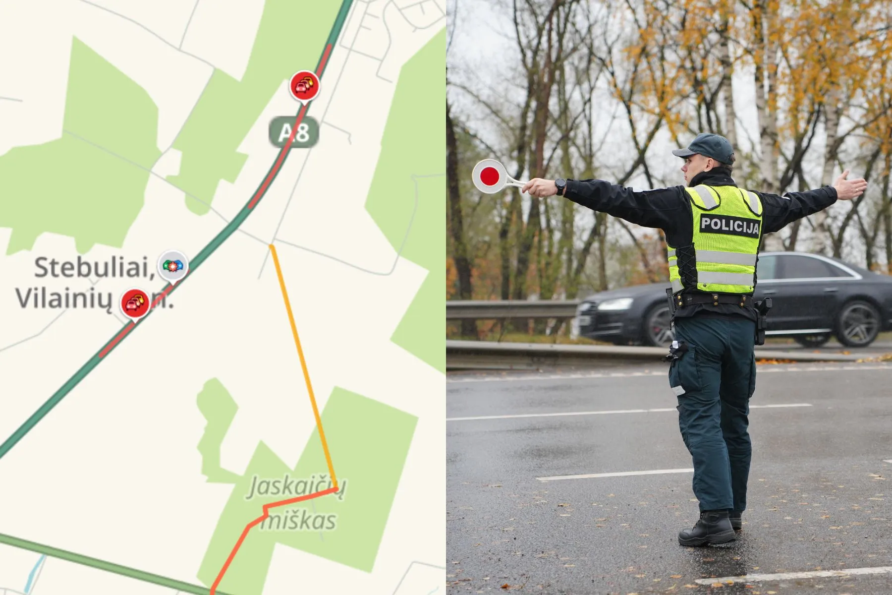 Avarija A8 / „Waze“ / Kauno AVPK nuotr.