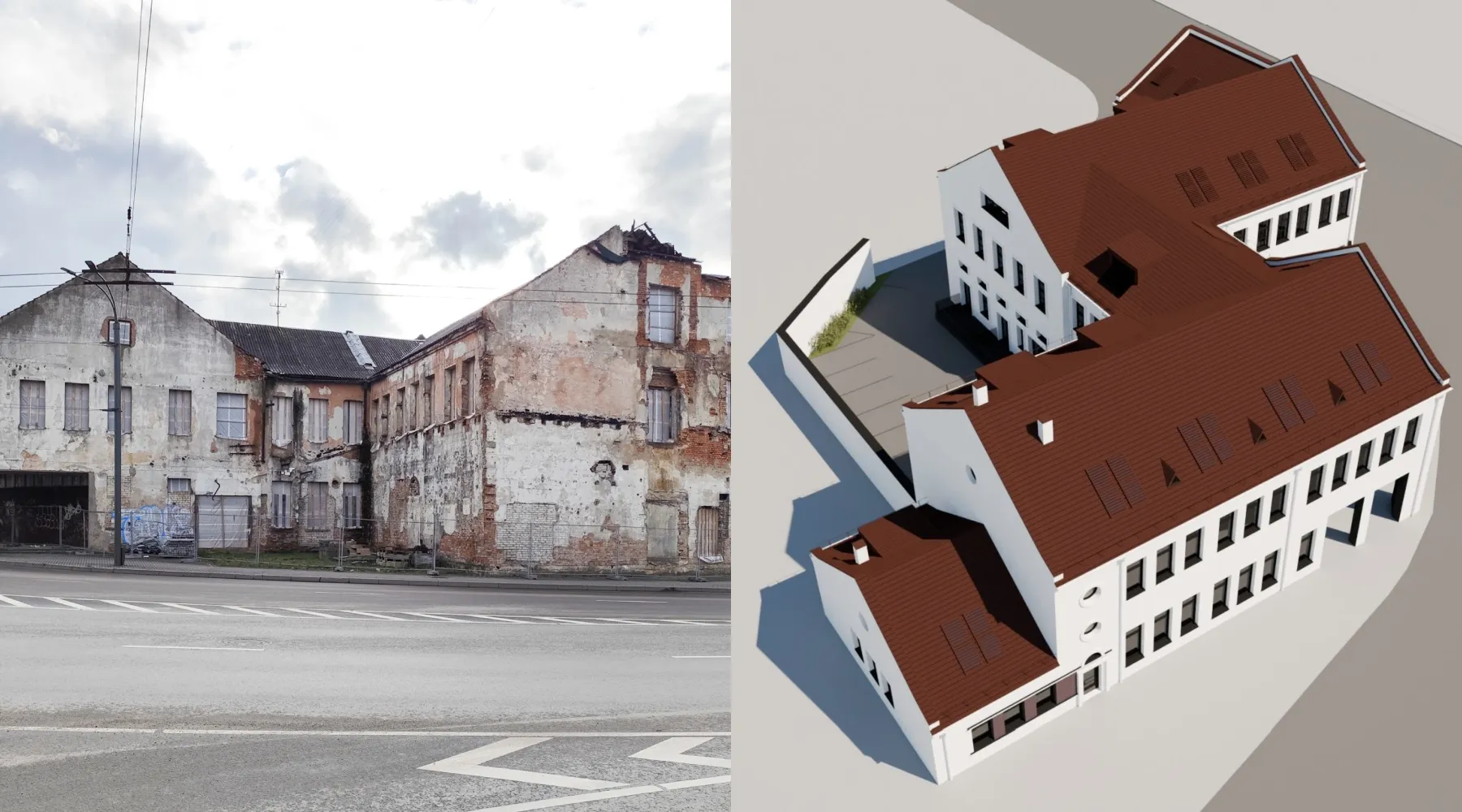 Apleistas sulčių fabrikas ir planuojamas viešbutis („Kas vyksta Kaune“ fotomontažas)