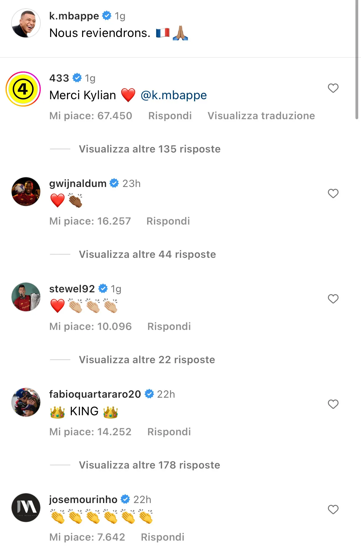 mourinho commento mbappe ig