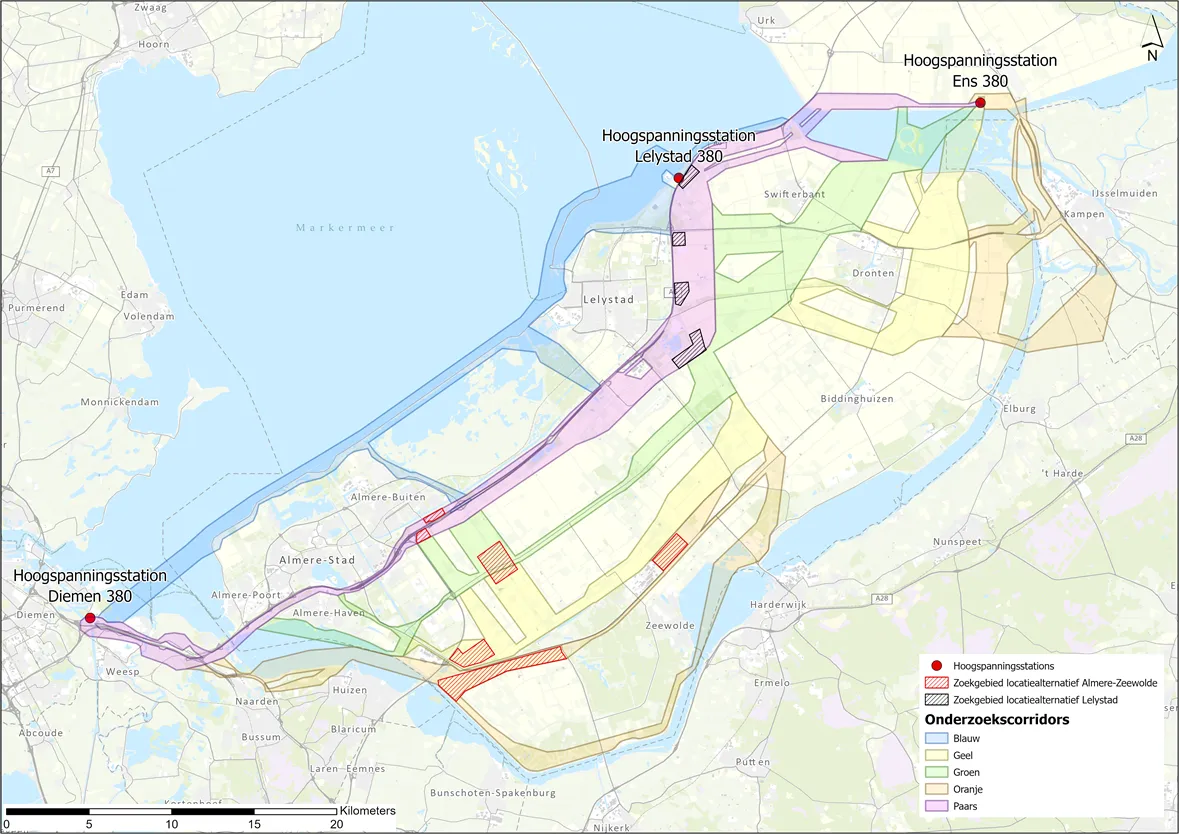 corridors onderzoeksalternatieven en zoekgebieden hoogspanningsstations gem lelystad