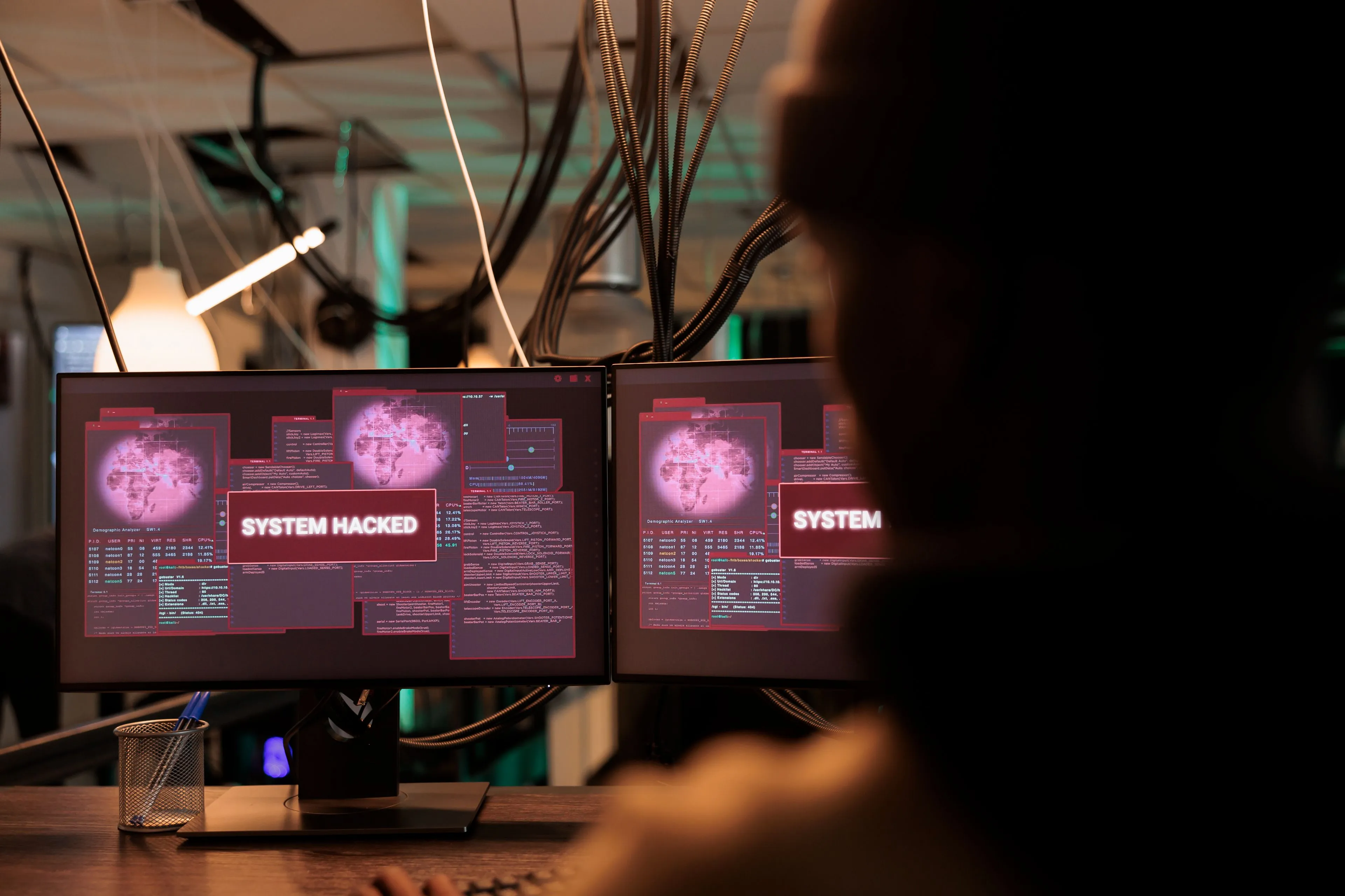system hacked alert message computer screen hacker breaking into database server criminal cyberattack malicious software password cracking program information stealing