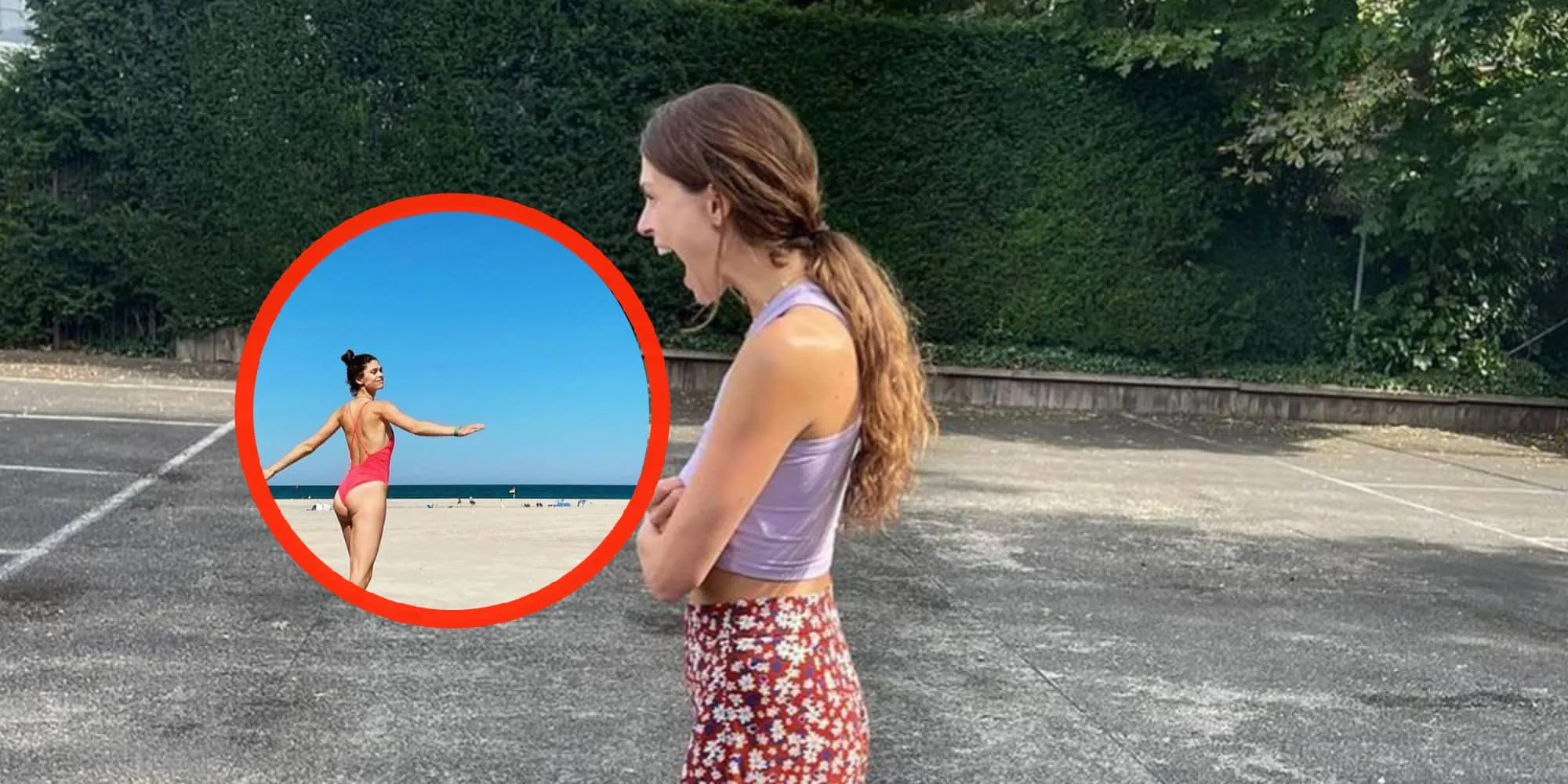 foto actrice bo maerten dartelt over het strand in haar badpakje