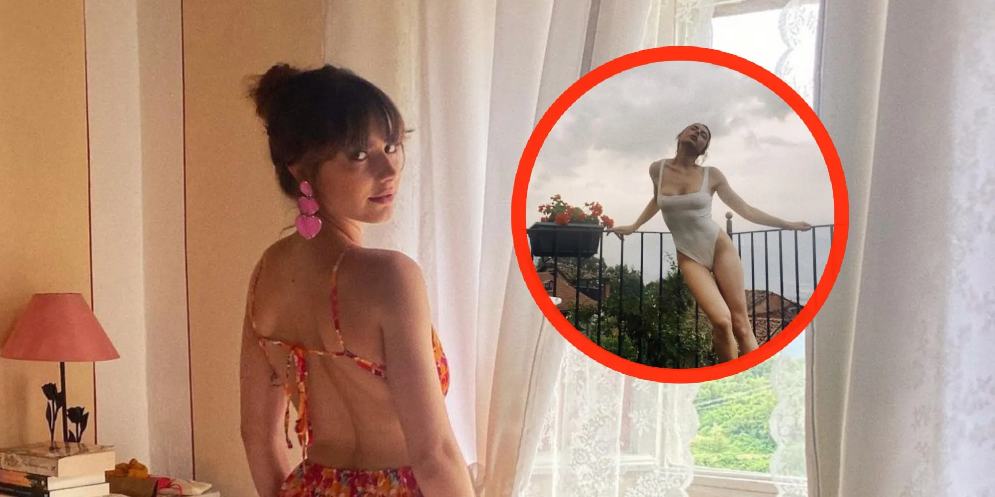 foto actrice sophie bouquet toont haar lijf in doorschijnend badpakje