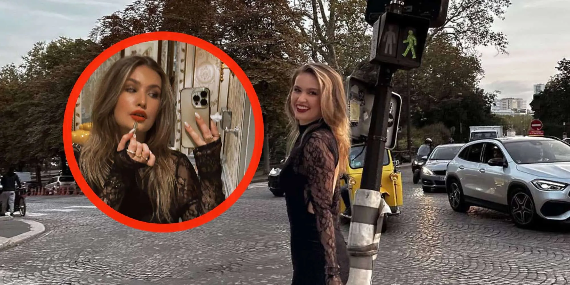 foto beeldschone influencer joy bosz paradeert door parijs in doorschijnend jurkje