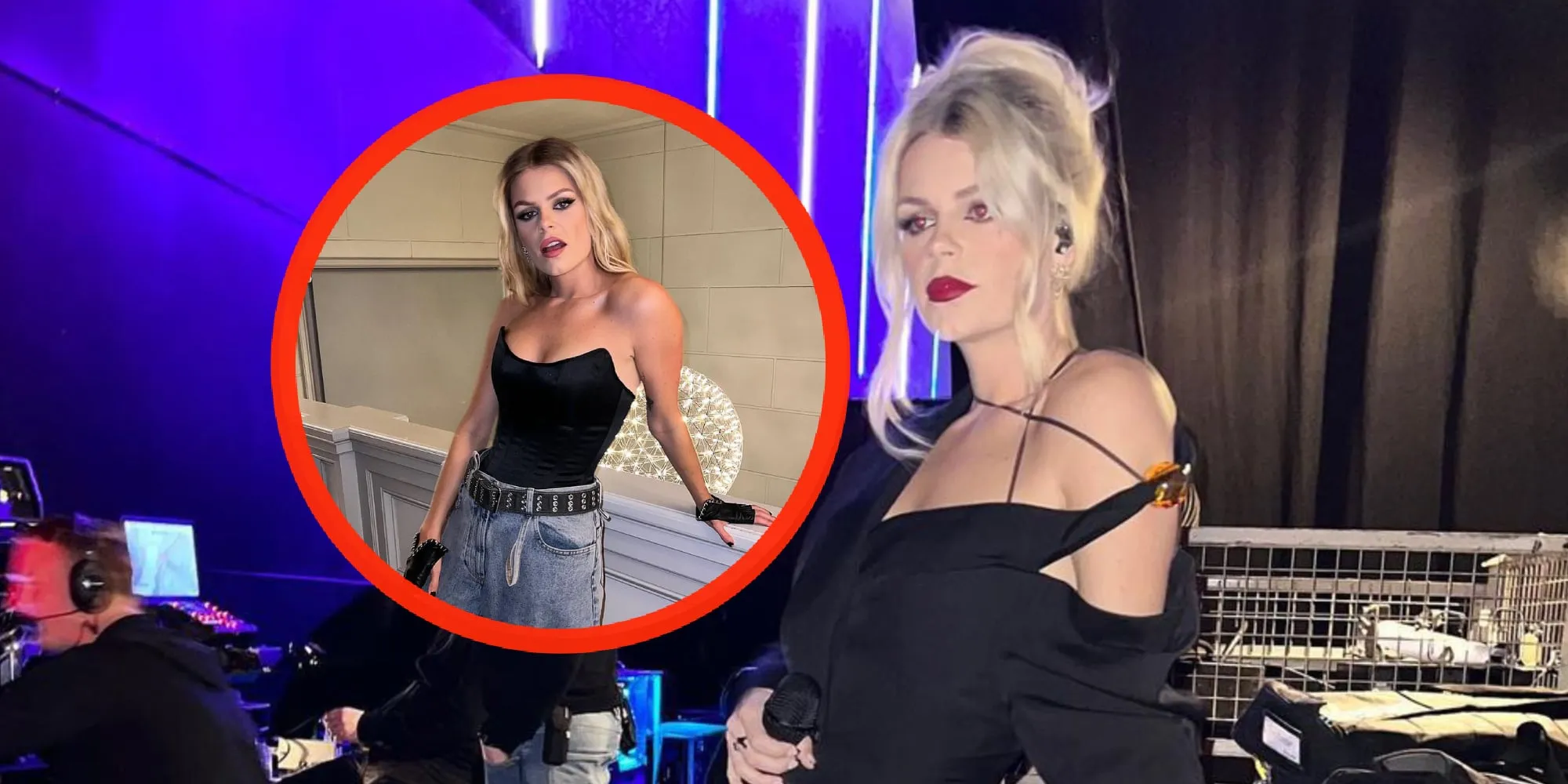 foto davina michelle draagt enorme broek met piepklein topje erboven