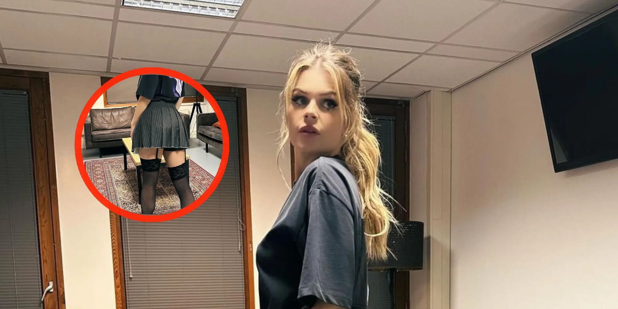 foto davina michelle laat zien wat ze onder haar rokje draagt