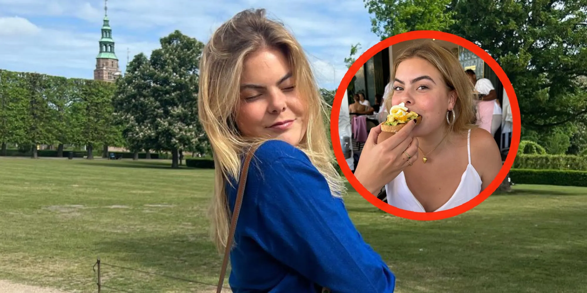 foto eloise van oranje propt haar mond helemaal vol in laaghangend topje