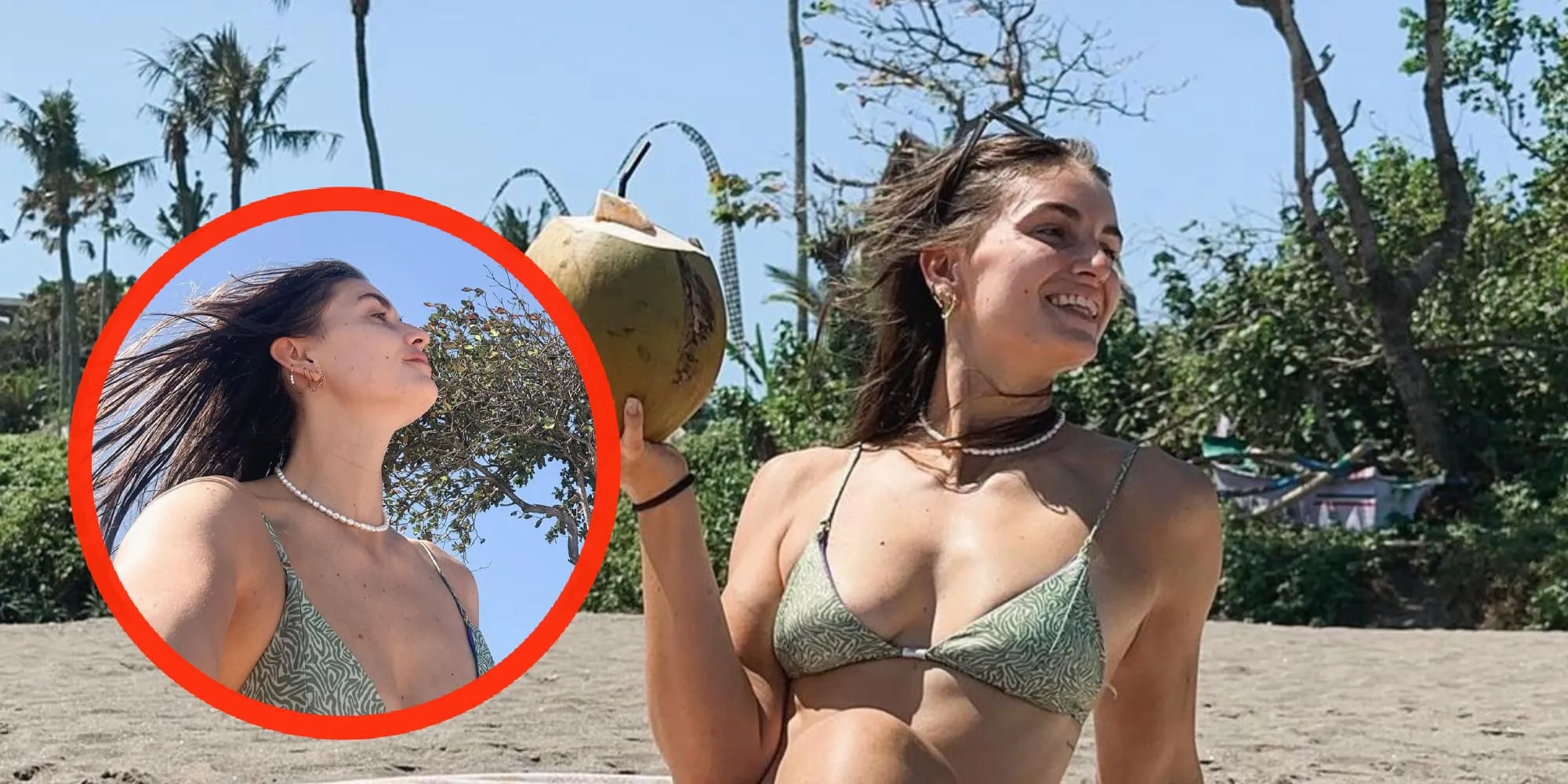 foto fitnessmodel dominique hazeleger geniet van kokosnoten in piepklein bovenstukje