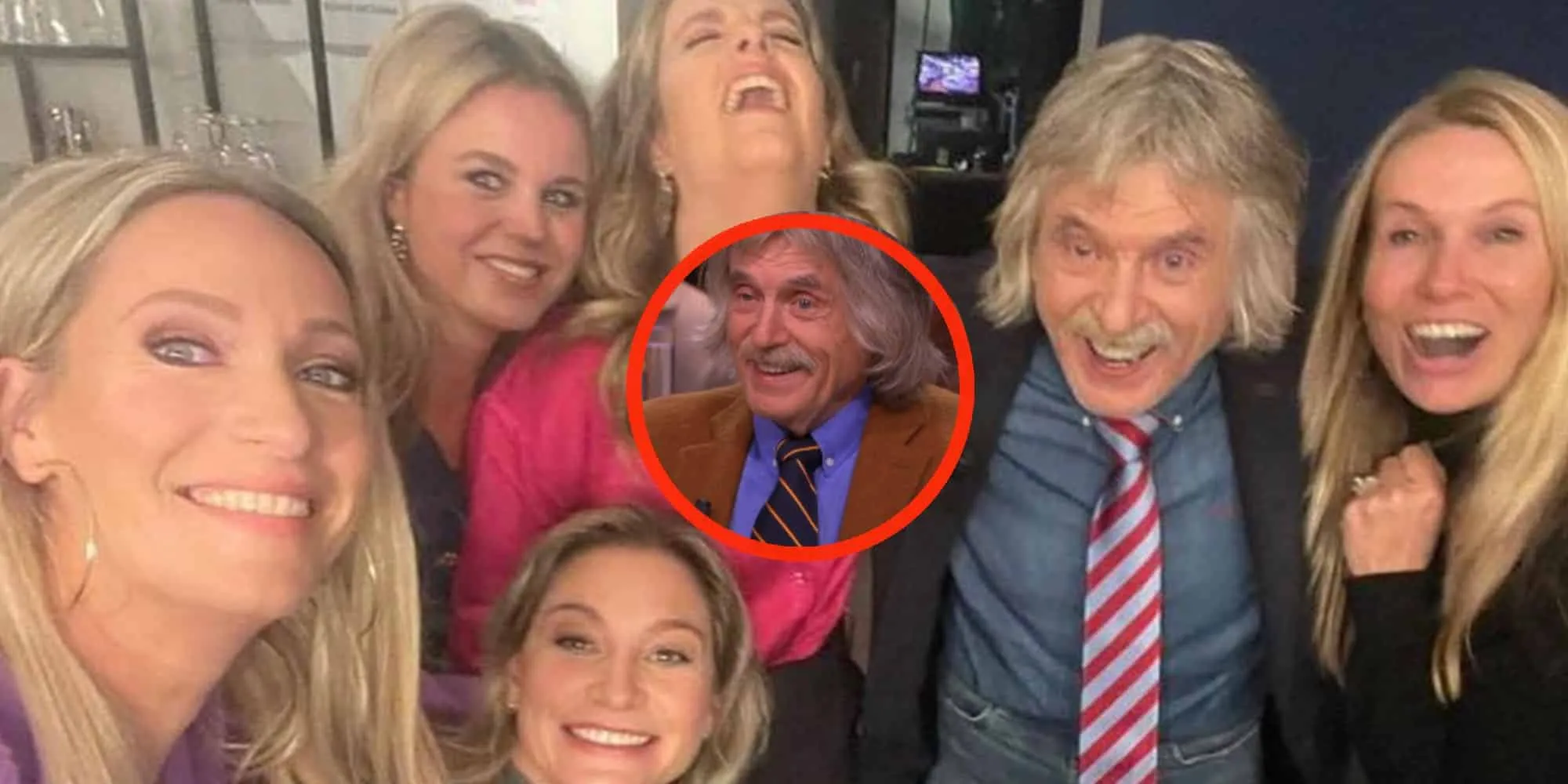 foto johan derksen beleeft avontuurtje achter de schermen met vijf blonde dames