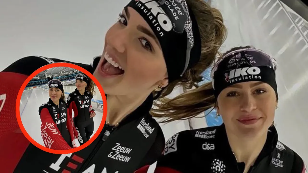 foto schaatsster robin groot kruipt dicht tegen beeldschone collega aan voor heerlijke selfie