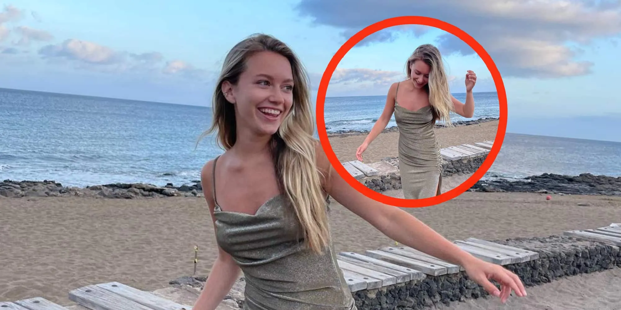 foto zangeres sterre koning wandelt over strand in opwaaiend jurkje