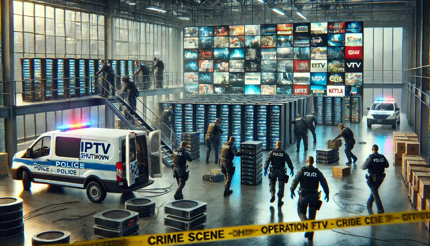 dalle 2024 11 29 120446 a cinematic style wide image showing a dramatic police raid on an illegal iptv service the scene takes place in a modern office space with numerous s