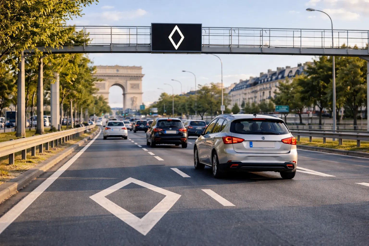 Druk verkeer richting de Arc de Triomphe