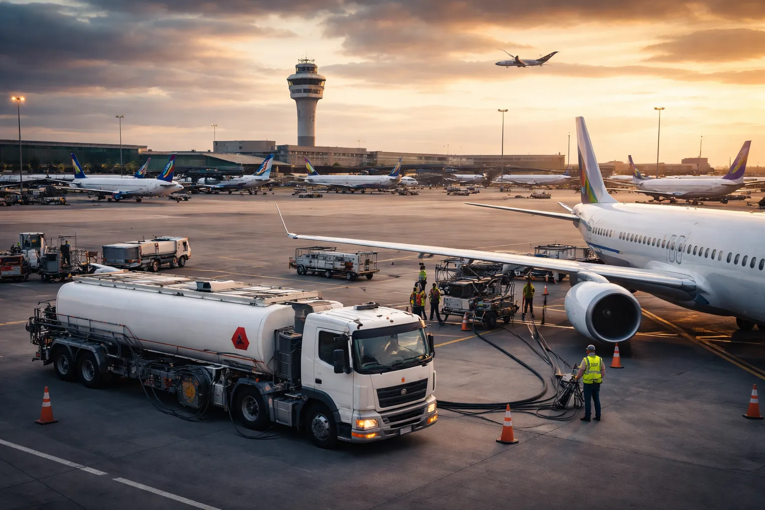 Luchtvulling bij zonsondergang op luchthaven