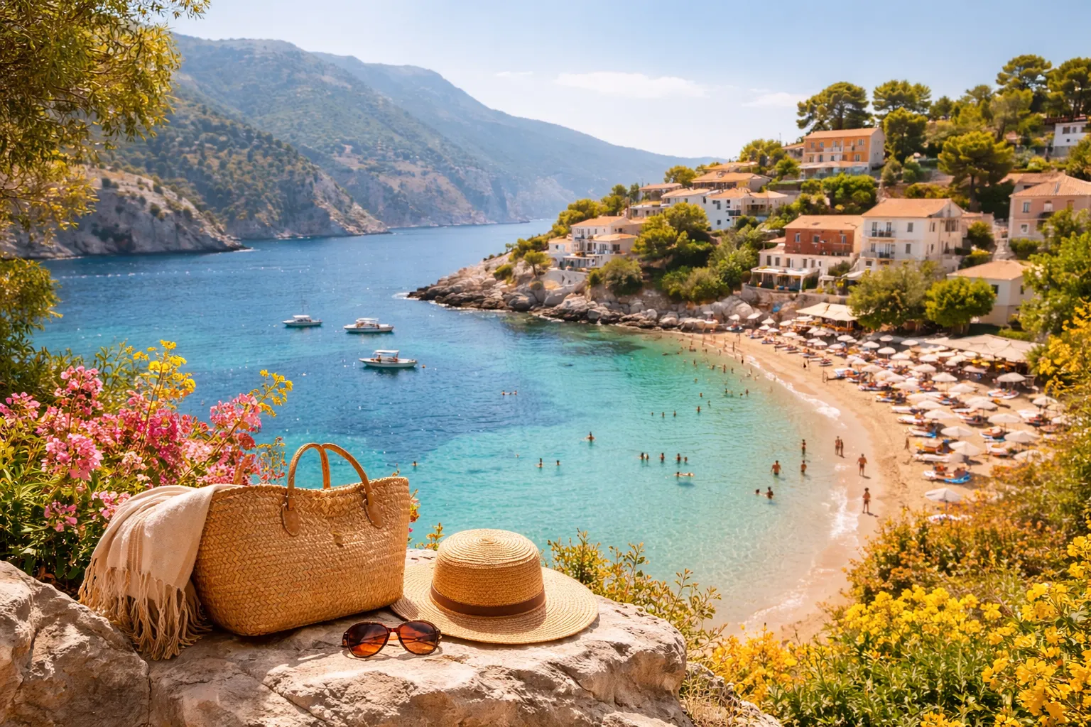 Strand en dorp in mediterraanse zon