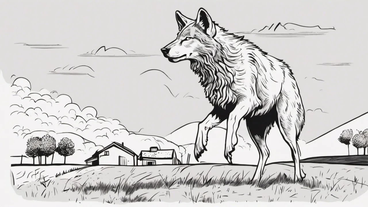 2023 11 10 wolf op boerderij tekening