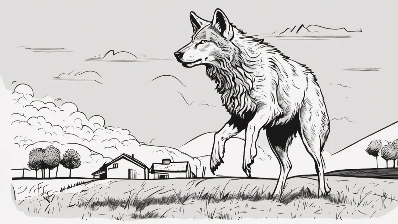 2023 11 10 wolf op boerderij tekening