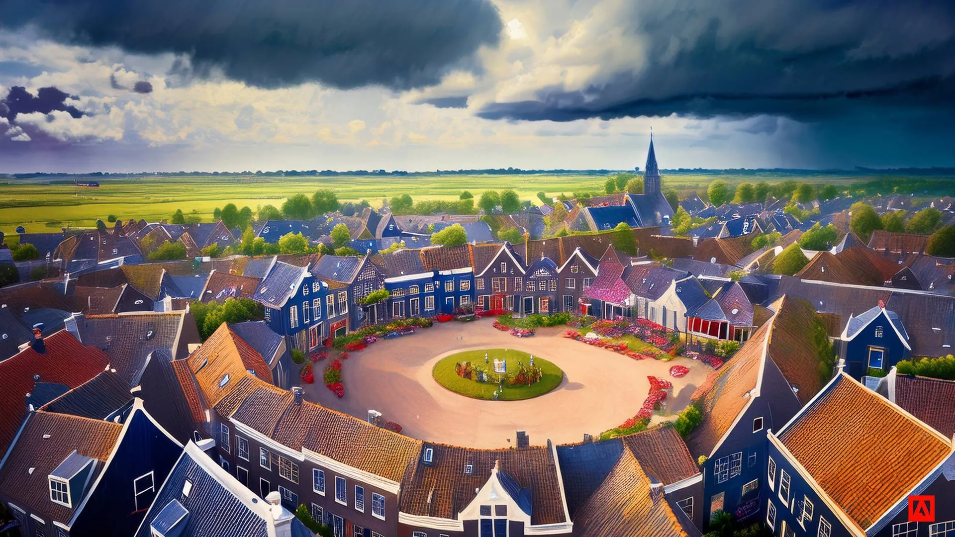 2025 05 09 pleintje met woningen onder donkere wolken