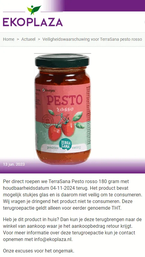 recall terrasana pesto rosso