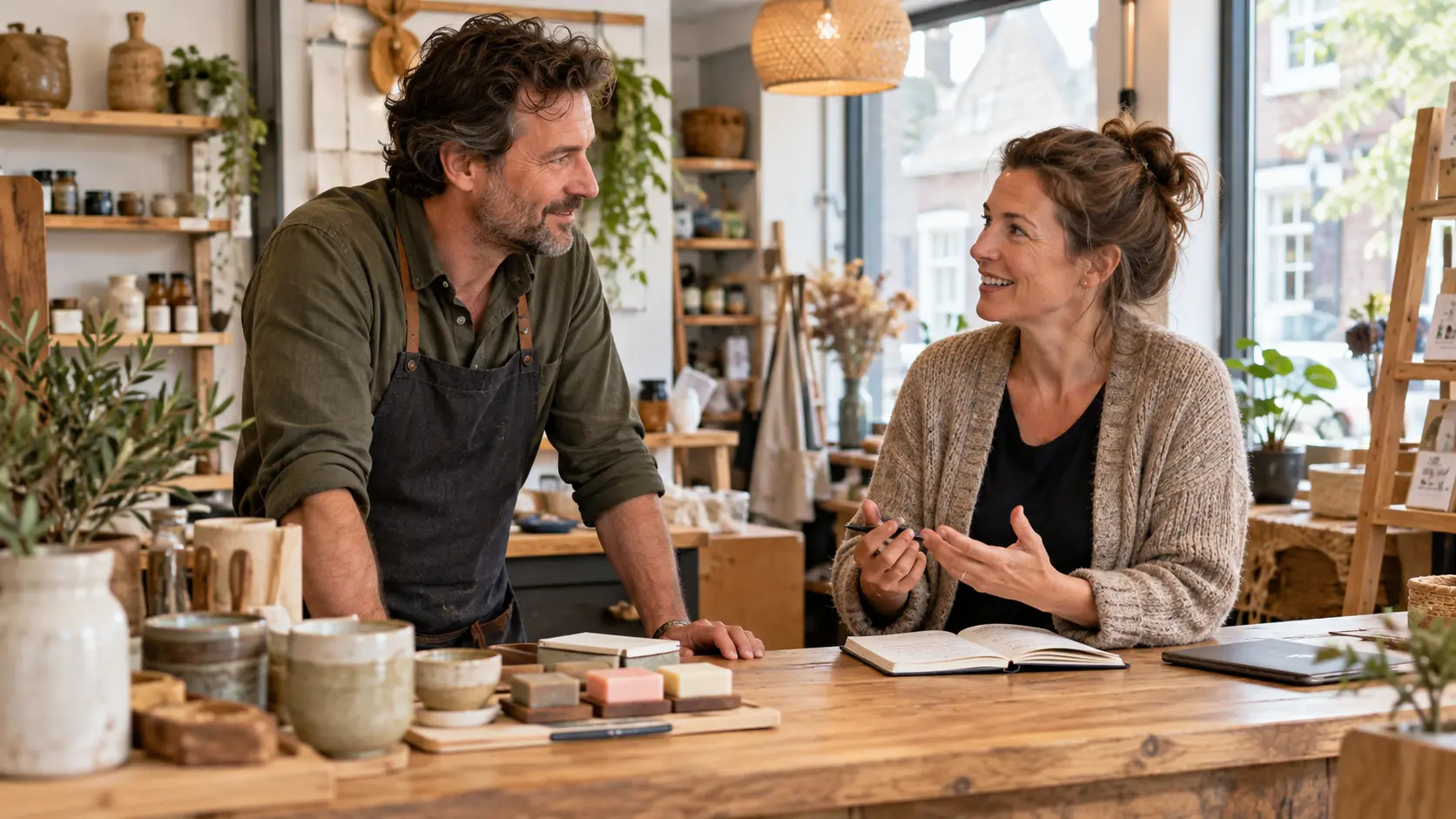 Twee fictieve ondernemers in gesprek in een winkel, AI-illustratie