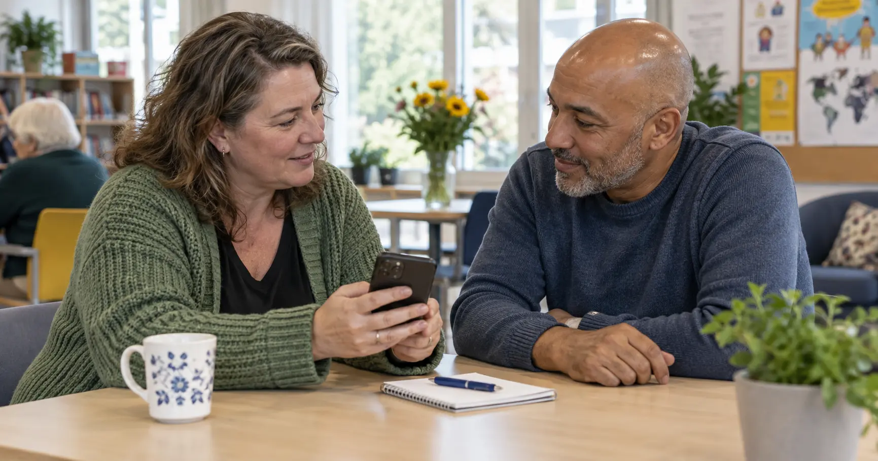 Twee mensen bespreken een bericht op een telefoon, AI-illustratie over toegankelijke communicatie