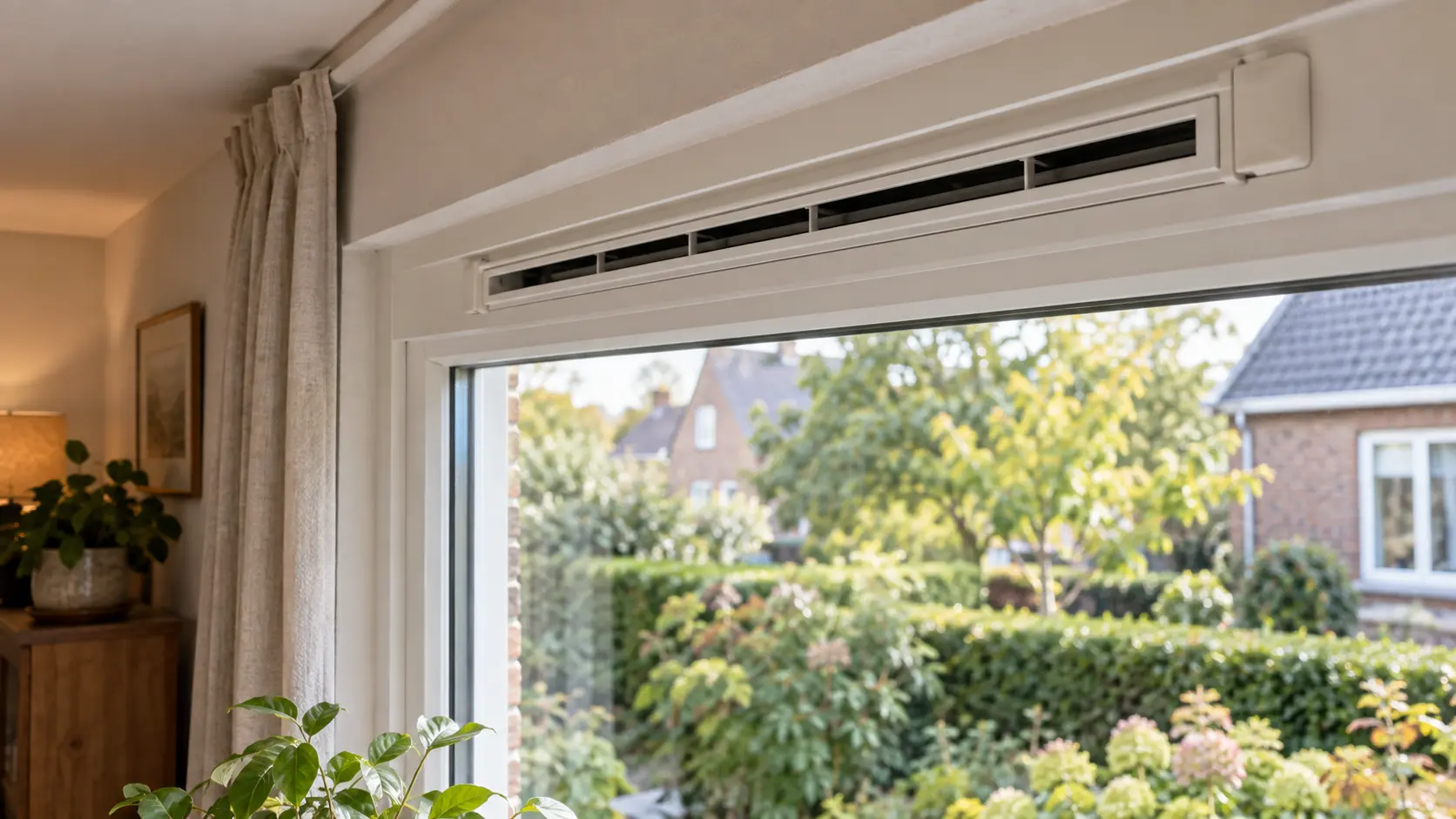 Open ventilatierooster boven een woonkamerraam, AI-illustratie bij ventileren in Nunspeet