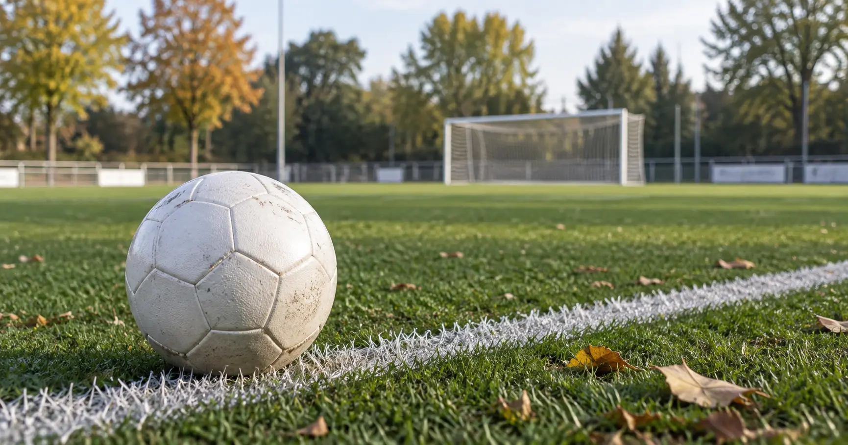 AI-illustratie: voetbal op een leeg amateurvoetbalveld