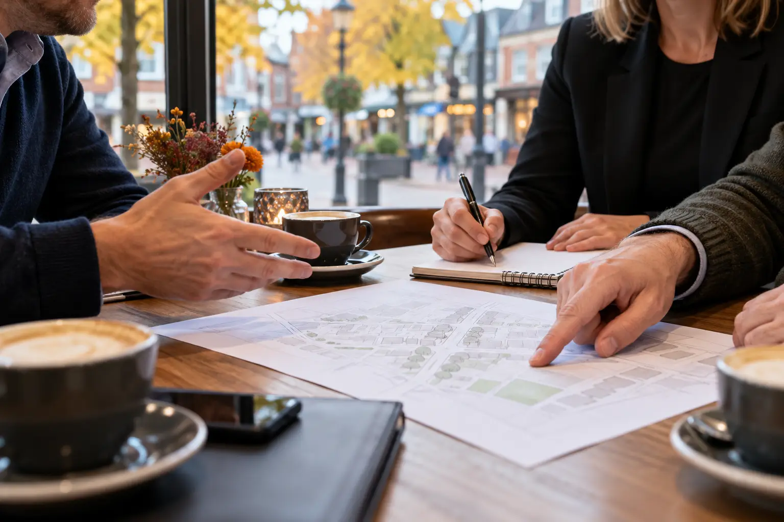 AI-gegenereerde illustratie van ondernemers die samen plannen bespreken