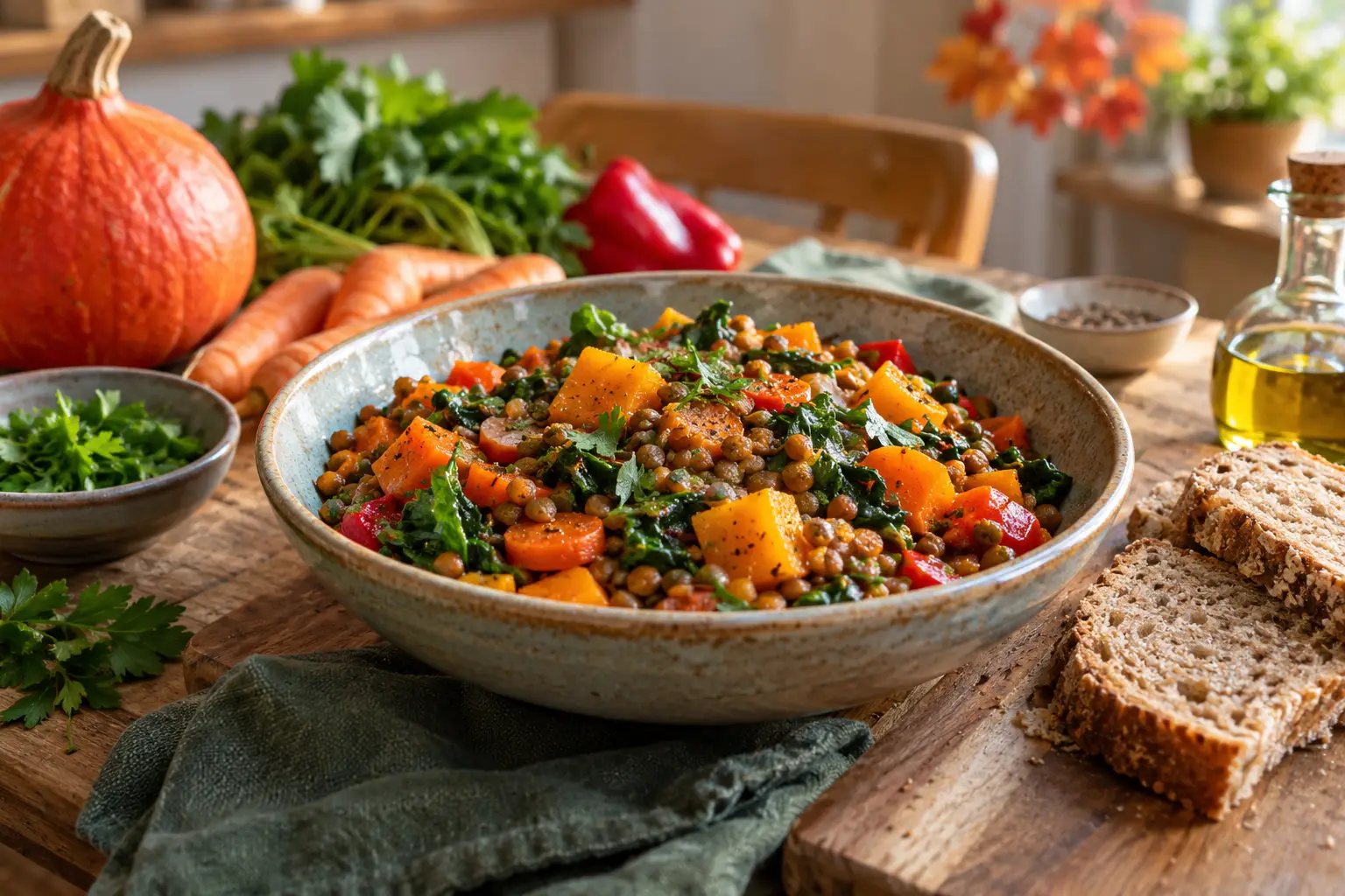 Vegetarische maaltijd met linzen en groenten; AI-gegenereerde illustratie
